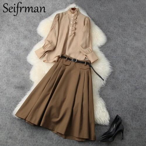 Seifrmann New 2021 Spring Women Fashion Runway Skirt Set Lantern Sleeve Ruffles Blouses+High Waist Midi Skirts 2 Two Pieces Suit
