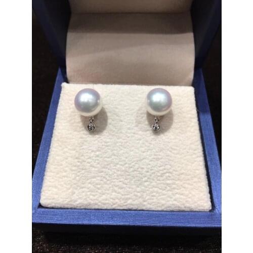 8.5MM natural sea water pearl stud earring 18K white gold with diamond classic fine women jewelry