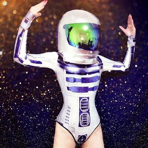 Nightclub Bar Female Singer DS DJ Space Costume GOGO Dance Costume Helmet Long Sleeve Bodysuit Women Cosplay Stage Wear DWY3317