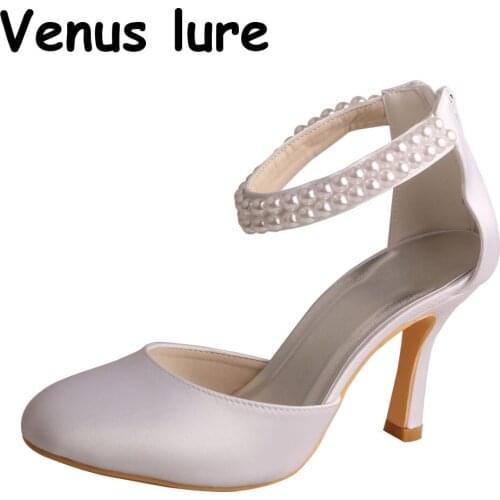23 Colors Almond Formal Wedding Heels Women Ivory Satin Ankle Strap Bride Shoes