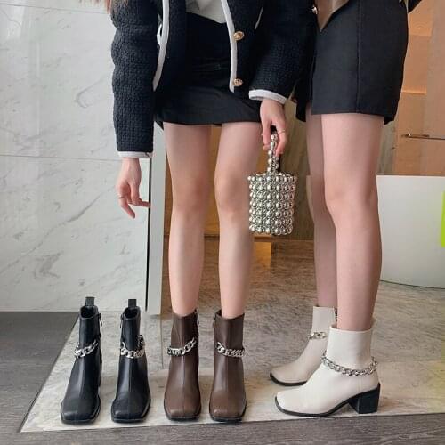 Winter Women Boots Square Toe Short Ankle Booties Black Beige Metal Chain Party Booties Flat Heeled Dress Shoes Woman Size 35-39
