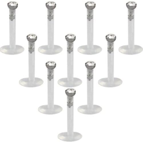 10PCS 16G Clear UV Flexible Acrylic 2mm CZ Gem Labret Monroe Lip Ring/Tragus/ Helix/Cartilage Earring Stud Barbell Body Piercing