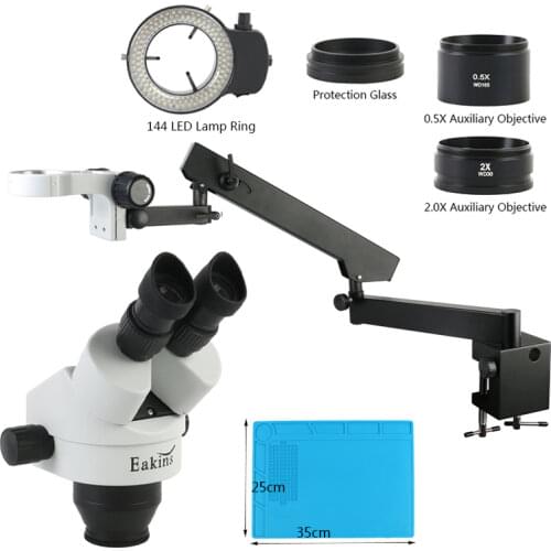 3.5X-90X Binocular Stereo Zoom Microscope 144 LED Light Multifunction Articulating Arm Pillar For Lab Repair