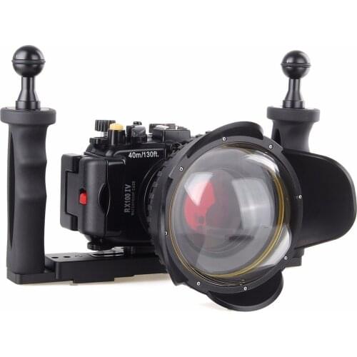 40M Underwater Waterproof Camera Housing Diving Case for Sony RX100 IV M4 + Red Filter + Fisheye Lens + Two Hands Aluminium Tray
