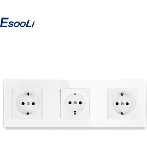 Esooli EU Standard Gray Crystal Glass Panel 3 Gang Wall Socket Electrical Triple Outlet Grounded 16A 258*86mm