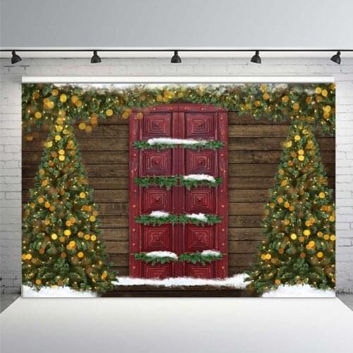 Background for Photo Studio Christmas Wood Door Wreath Red Berries Backdrop Professional Photocall Printed