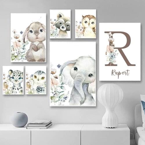 Personalized poster baby name custom canvas Painting Print Lion Elephant Raccoon Rabbit Wall Art Decoration Kids Bedroom Picture