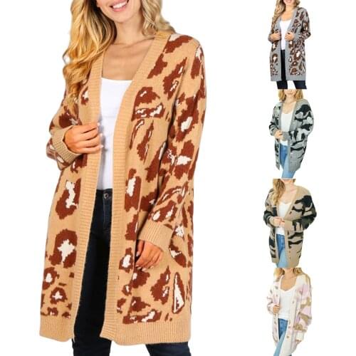 Women Color Block Cardigan, Adults Open Front Leopard Print Long Sleeve V-neck Knit Sweater