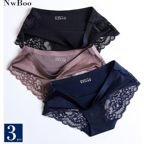 Nwboo 3pcs/Pack Silk Satin Smooth Sexy Lingerie Lace Womens Panties Sets Underpants Lady Briefs Underwear Plus Size Panty