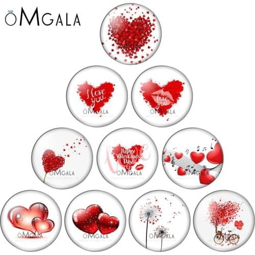 Valentines Day Red Love Heart Pattern mixed 10pcs 12mm/18mm/20mm/25mm Round photo glass cabochon demo flat back Making findings