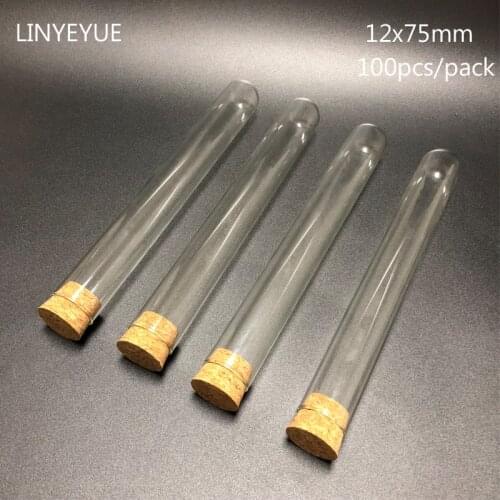 100 Pieces/pack 12x75mm Lab Flat Bottom Glass Test Tube with Cork Stopper Laboratory Glassware