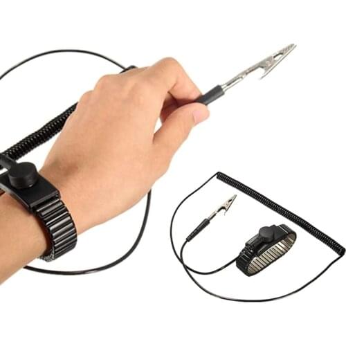Reusable Anti Static Metal ESD Adjustable Wrist Strap PU Coated Discharge Bracelet with Grounding Wire Alligator Clip