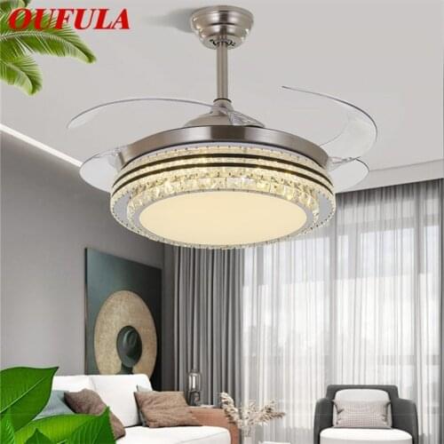 OUFULA Ceiling Fan Light Invisible Crystal LED Lamp With Remote Control Modern Luxury For Home