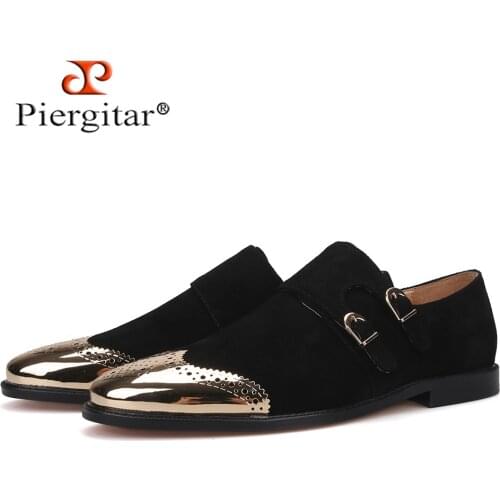 Piergitar 2020 New arrival black suede men brogue with gold buckle party and wedding men dress shoes red color bottom plus size