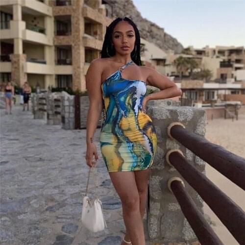 Summer new womens sexy one line shoulder diagonal shoulder sling fashion print open backpack hip tight Mini Dress