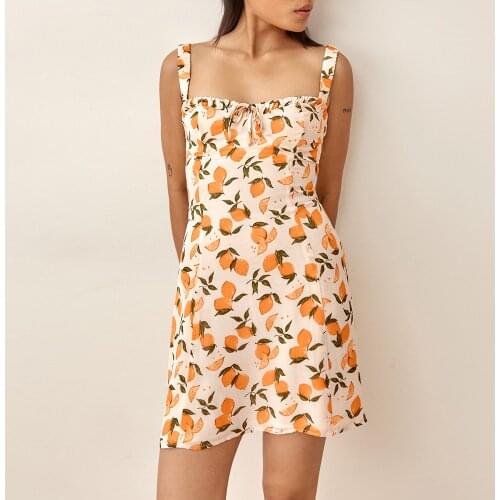 Beach Dresses For Women 2021 Ruffle Edge Sweetheart Neck Tie Sleeveless Elastic Strap Sexy Mini Dress Lemon Print Summer Dress