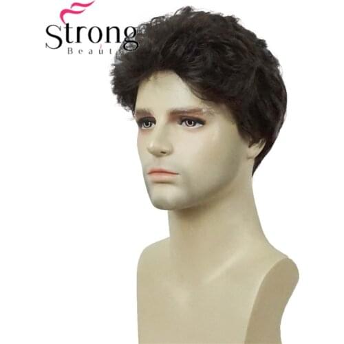 StrongBeauty Manly Short Brown Black Fluffy Natural Wave Full Bang Capless Heat Resistant Fiber Synthetic Wig For Men