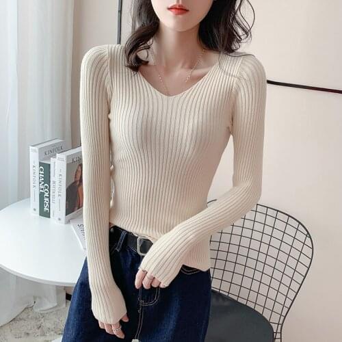 V-Neck Long-Sleeved Sweater Knitted Top Korean Fashion WomenS T-Shirt Female Vintage Clothing Blouses 2021 Kawaii Harajuku