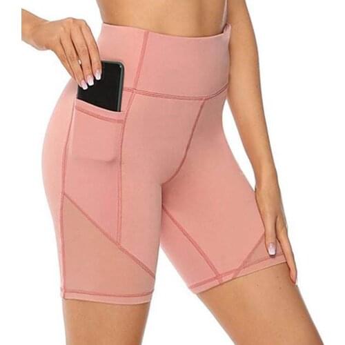 Poctek Biker Shorts Women Workout High Waist Tight Solid Net Yarn Splicing Sport Leggings Fitness Gym Compression Shorts