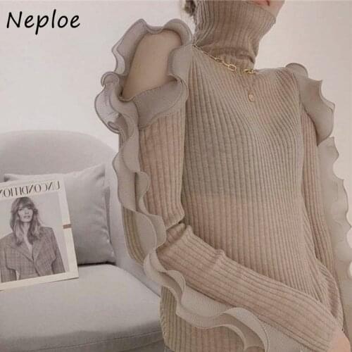 Neploe Autumn New Turtleneck Off-shoulder Fashion Sweaters Women Ruffled Wave Knit Spliced Pullover Top Female Bottoming Shirt