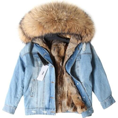 2020 Real Fur Coat Winter Jacket Women Parka Real Raccoon Fox Collar Rex Rabbit Fur Liner Hole Bomber Denim Jacket Streetwear