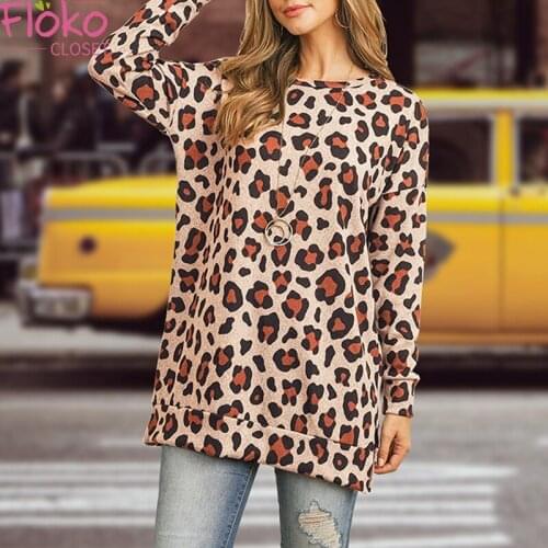 Flokocloset Long Sleeve Leopard Print T-shirt Women 2021 Autumn Spring Fashion O-Neck Basic Tee Tops