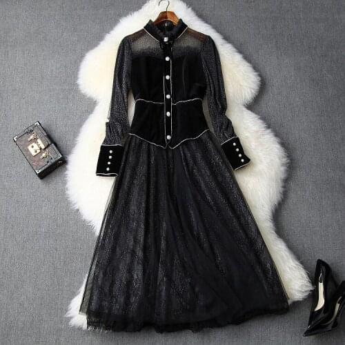 Womens American European and clothing 2021 winter new style Long sleeve delicate buttons Velvet patchwork mesh fashion dress