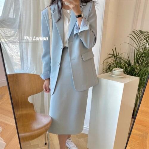 Hstar Women Suits Office Lady Skirt Suits Korean Fashion 2021 Spring Suits Single Breasted Blazer+Midi Skirts 2 Pieces Sets