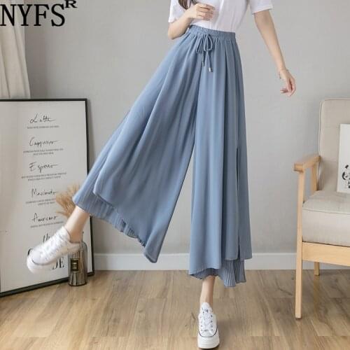 NYFS 2021 Summer New Woman Pleated Chiffon Solid Color Elastic Waist Wide Leg Pants Korean Ankle-length Pants Skirt Trousers