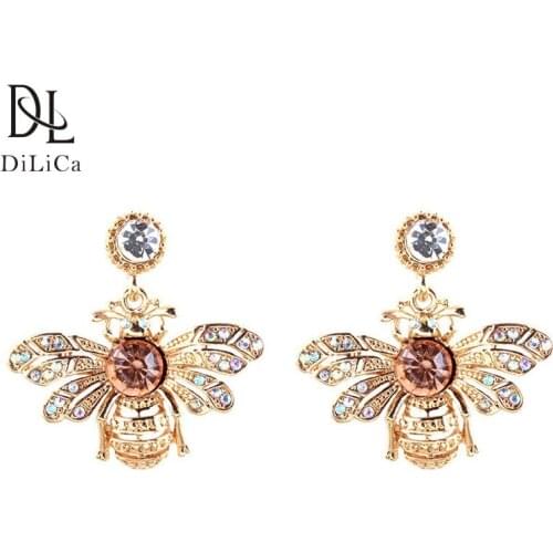 DiLiCa Fashion Women Earrings Rhinestone Alloy Bee Statement Drop Dangle Earrings Summer Trendy Cute Animal Earring Pendientes