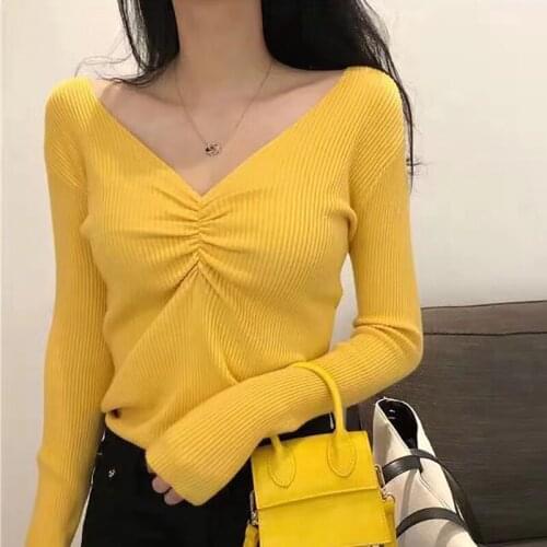 Sexy V Neck Women Sweater Autumn Knitted Pullover Jumpers Chic Soft Korean Fashion Slim Long Sleeve Female Basic Top Ladies 2021