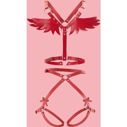 Angel Wings Harness Women Set Red PU Leather Suspender Gothic Garter Waist Belt Punk Body Bondage Sexy Lingerie Rave Outfit 2021