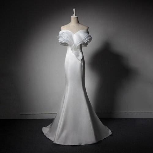 New Boat Neck Elegant Mermaid Evening Dress Ruffles Short Sleeves Lace Up White Floor-Length Party Formal Dresses Woman B1005