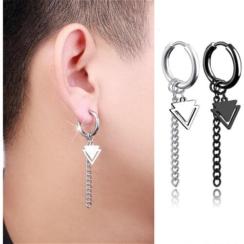 Stainless Steel Punk Triangle Drop Earring Men Hip Hop Circle Piercing Stud Black Tassel Chain Earirng Fashion Party Jewelry 1pc