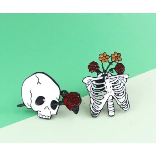 2 Style Gothic Enamel Pins Skeleton Rose Skull Rib Flowers Horror Badge Brooch Halloween Jewelry Gift