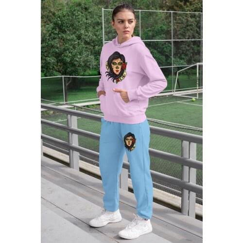Angemiel Wear Ruhani Meksikalı Beautiful Women Tracksuit Set Pink Hooded Sweatshirt Blue Sweatpants