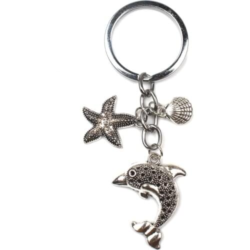 Cute Fashion Dolphin Shell Starfish Keychain Vintage Alloy Marine Animal Pendant Keyring Men Women Key Chain Party Souvenir Gift