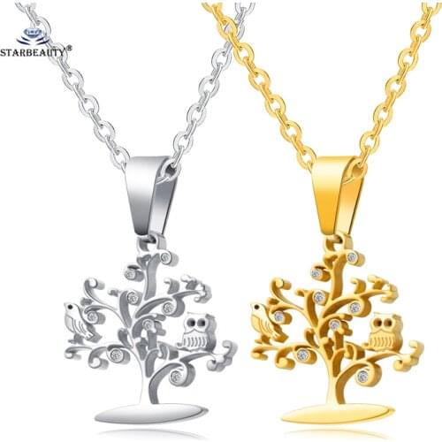 1pc Gold Color Tree Necklace Women Men Hollow Owl Bird Stainless Steel Pendant Necklaces 45cm Chain Neckless Jewelry