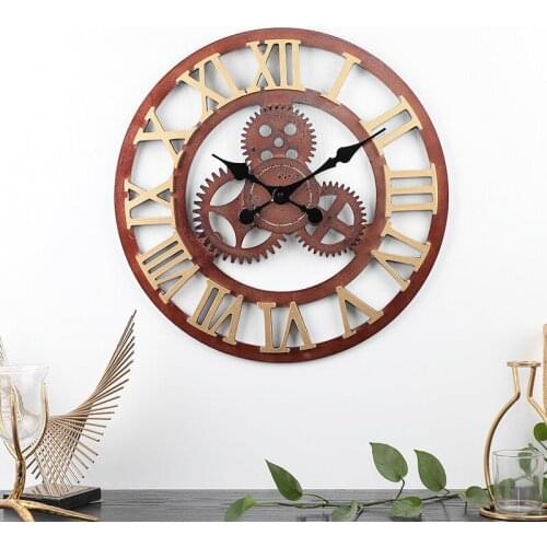 [HHT] Industrial Style Wooden Mute Wall Clock Gear Retro Wall Hanging Clock Living Room Dining Room Creative Home Decoration