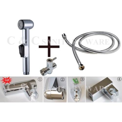 Chrome Shattaf Kit - Hand Held Bidet Sprayer + Brass T-adapter G1/2, G7/8, G3/4, M18X1.5L Optional A501ST