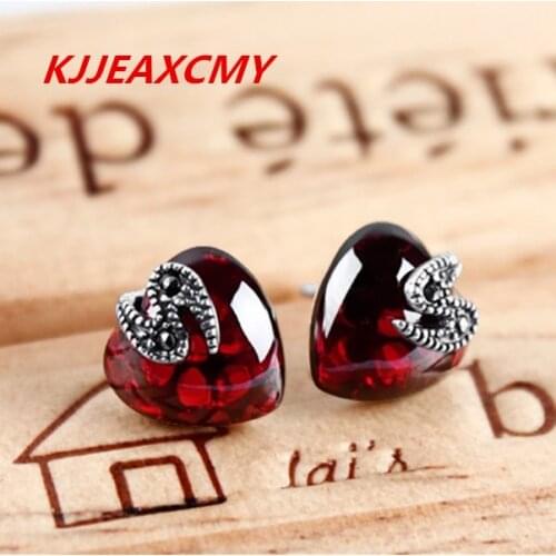 KJJEAXCMY Thai silver retro fashion silver jewelry 925 Silver Garnet Ruby blue temperament female heart-shaped Earrings