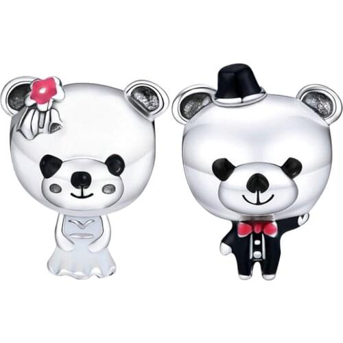 Cute Groom Bride Bear Beads for Jewelry Making Fit Original Pan Charms Bracelet Women Cartoon Bears Couple Charm DIY Accessories
