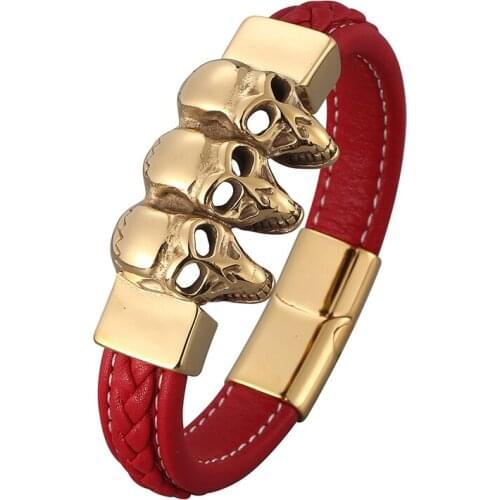 Fashion Red Leather Men Skull Bracelets Bangles Gold Stainless Steel Magnetic Buckle Punk Wristband Jewelry Accessories PD0832