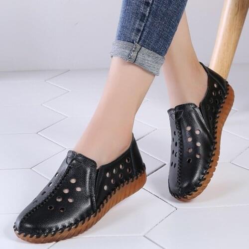 2021 White Black Hollowed Moccasins For Women Genuine Leather Flats Breathable Loafers Shoes Womens Soft Casual Flat Shoes Blue