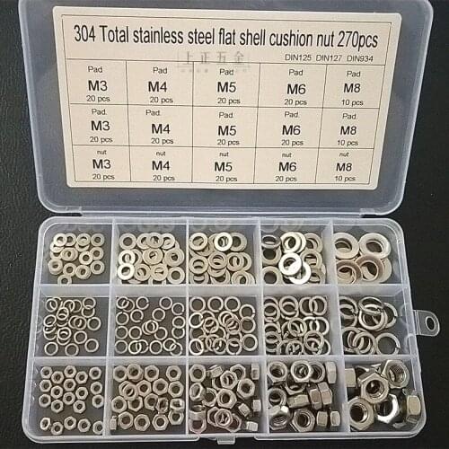 270pcs boxed M3 M4 M5 M6 M8 stainless steel flat pad spring pad hex nut combination set DIN125 GB93 DIN934 Nut washer set box