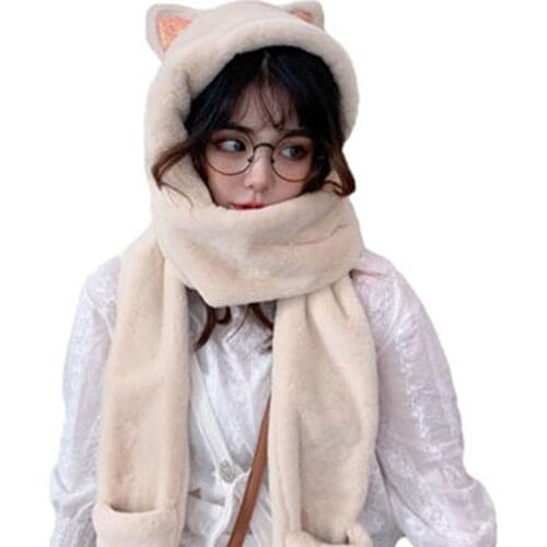 New Autumn/Winter 2021 Girls Hot Hat With Double Scarf and Gloves White Pink Skin Tone Grey Leisure Taking Pictures On a Date