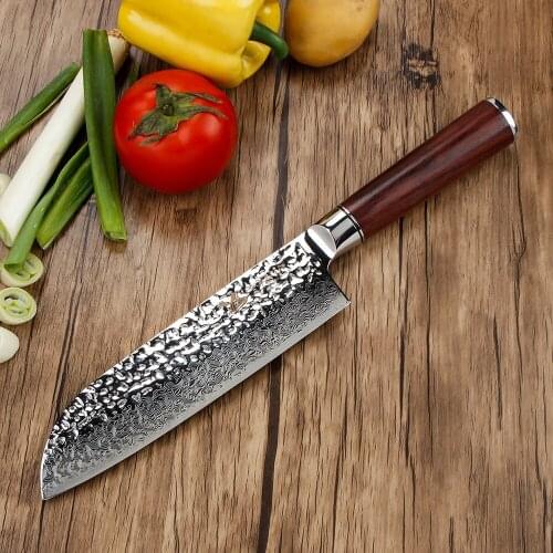BIGSUNNY 7Inch Santoku Knife - Super Damascus Steel - Hammered Finish - Rose wood Handle - Meat Vegetable Kitchen Cutter