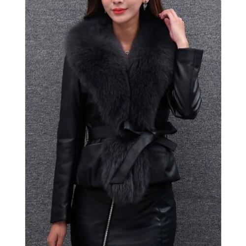 Autumn and Winter Pu Faux Fur Collar Stitching Womens Fashion Solid Color Jacket Ladies Elegant Lace-up Jacket Women Ladies