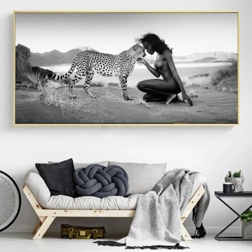 Snow Leopard and Nude Women Posters Prints Black White abstract Wall Art Canvas Painting Natural Landscape Picture Room Decor