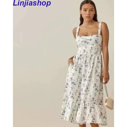 Dress Women French Sweet Spaghetti Strap Floral Printed Chiffon Vestidos Female Slim Dresses Ladies